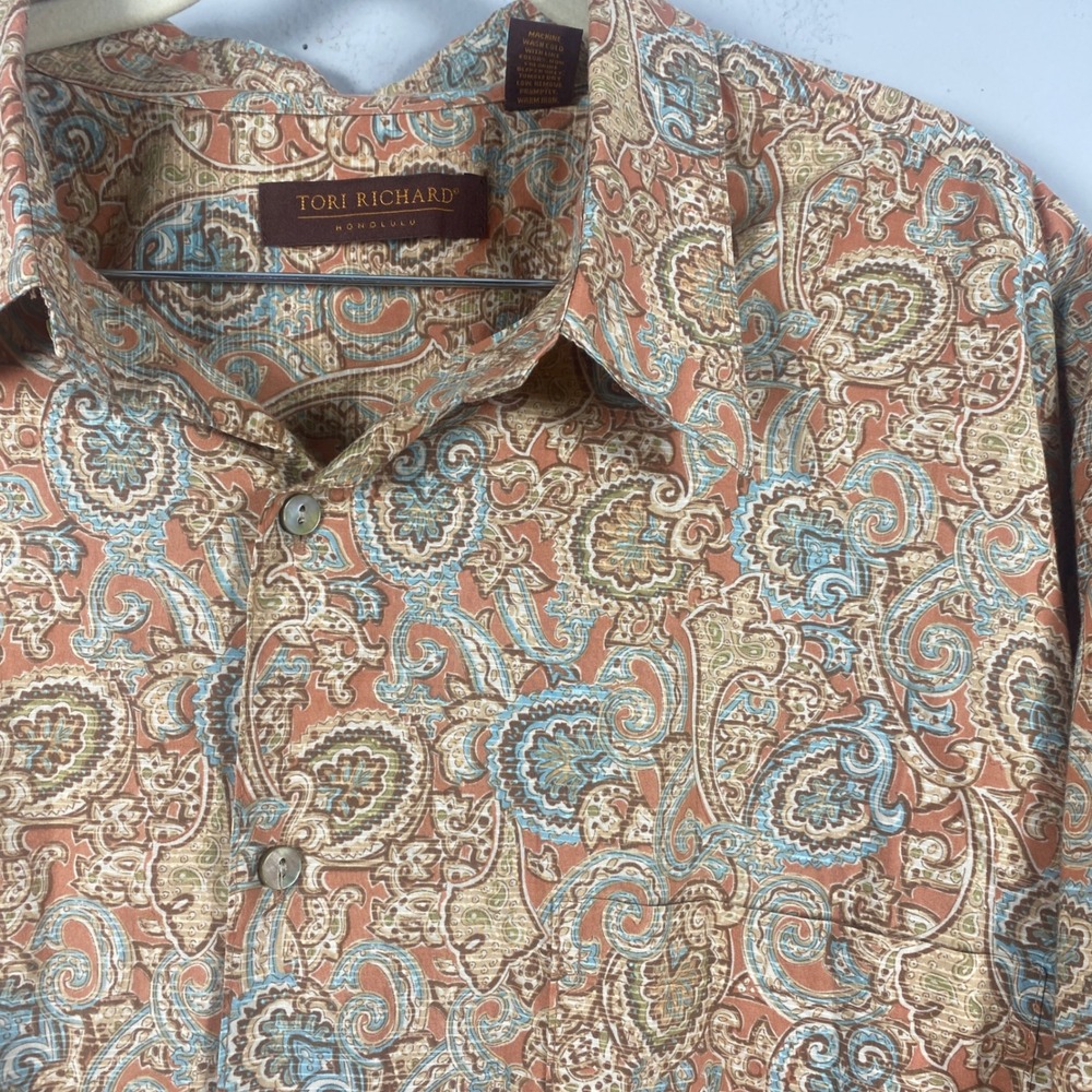 Tori Richard Button Front Shirt‎ Mens 2XL Orange Paisley Cotton Lawn Good Hawaii